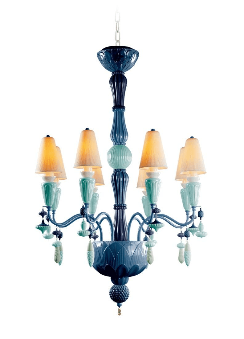 Lladró - Ivy and Seed 8 Lights Chandelier - Ocean featuring artistic porcelain design and eight elegant lights.