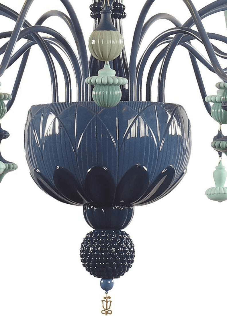 Lladró - Ivy and Seed 16 Lights Chandelier - Ocean featuring intricate ceramic design and colorful hanging bulbs.