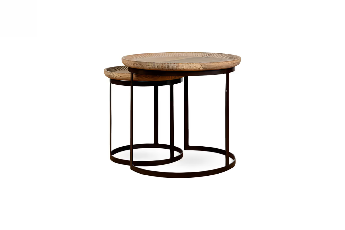 Nkuku - Nisha Carved Reclaimed Wood & Iron Nesting Side Tables - Natural