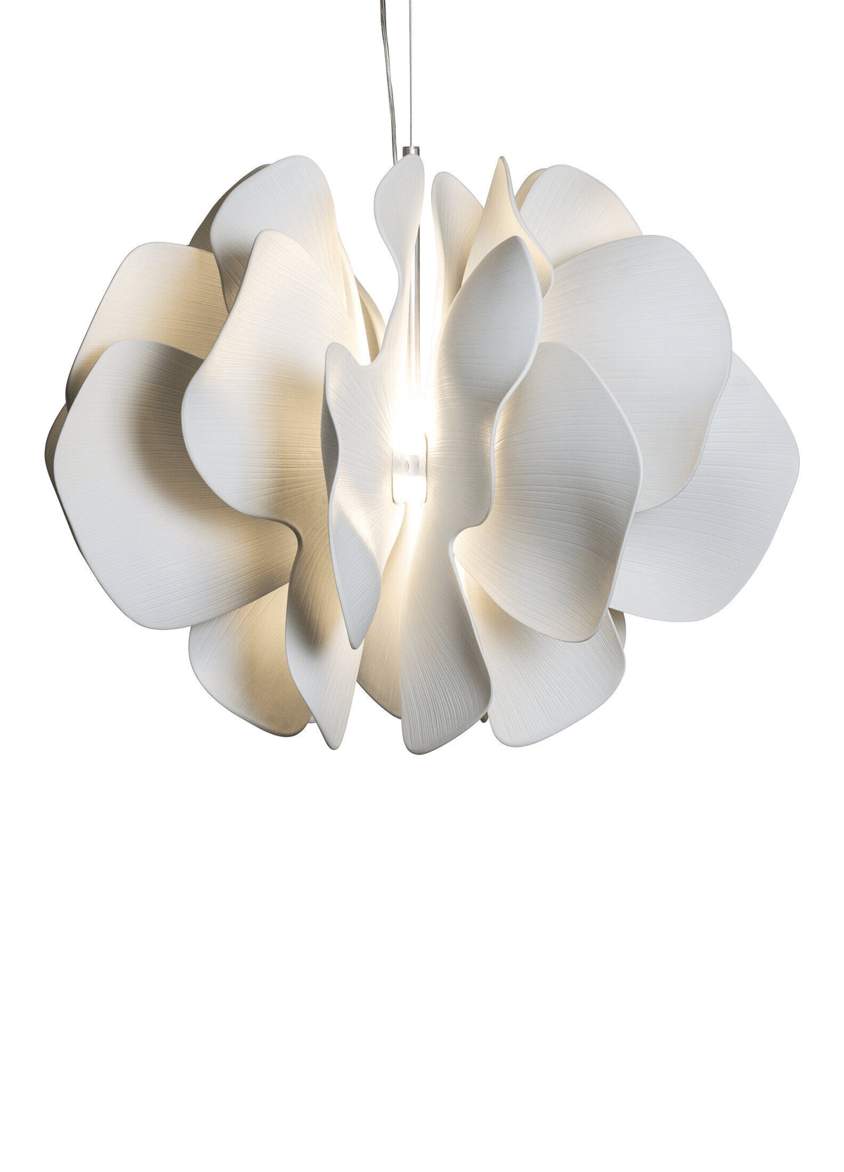 Lladró - Nightbloom Pendant Light - N60 - White showcasing intricate porcelain design with organic petal shapes.