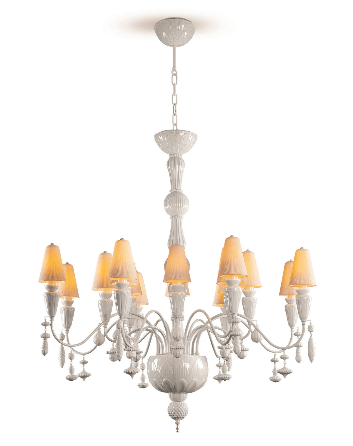 Lladró - Ivy and Seed 16 Lights Chandelier - White, elegant porcelain chandelier with 16 lights and soft shades.