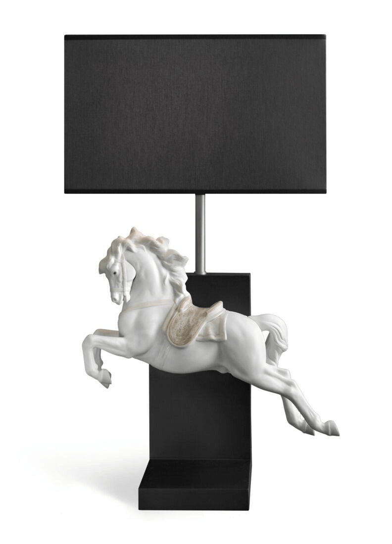 Lladró - Horse on Courbette Table Lamp featuring a white porcelain horse design and a dark wood base.