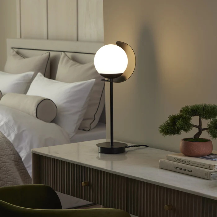 Northern Light - Callisto Opal Table Lamp - Matt Black Finish - Matt Opal Glass Globe 150mm Shade