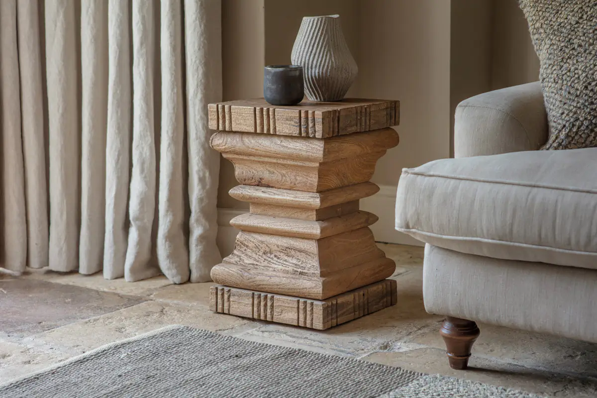 Nkuku - Disha Carved Mango Wood Side Table - Natural