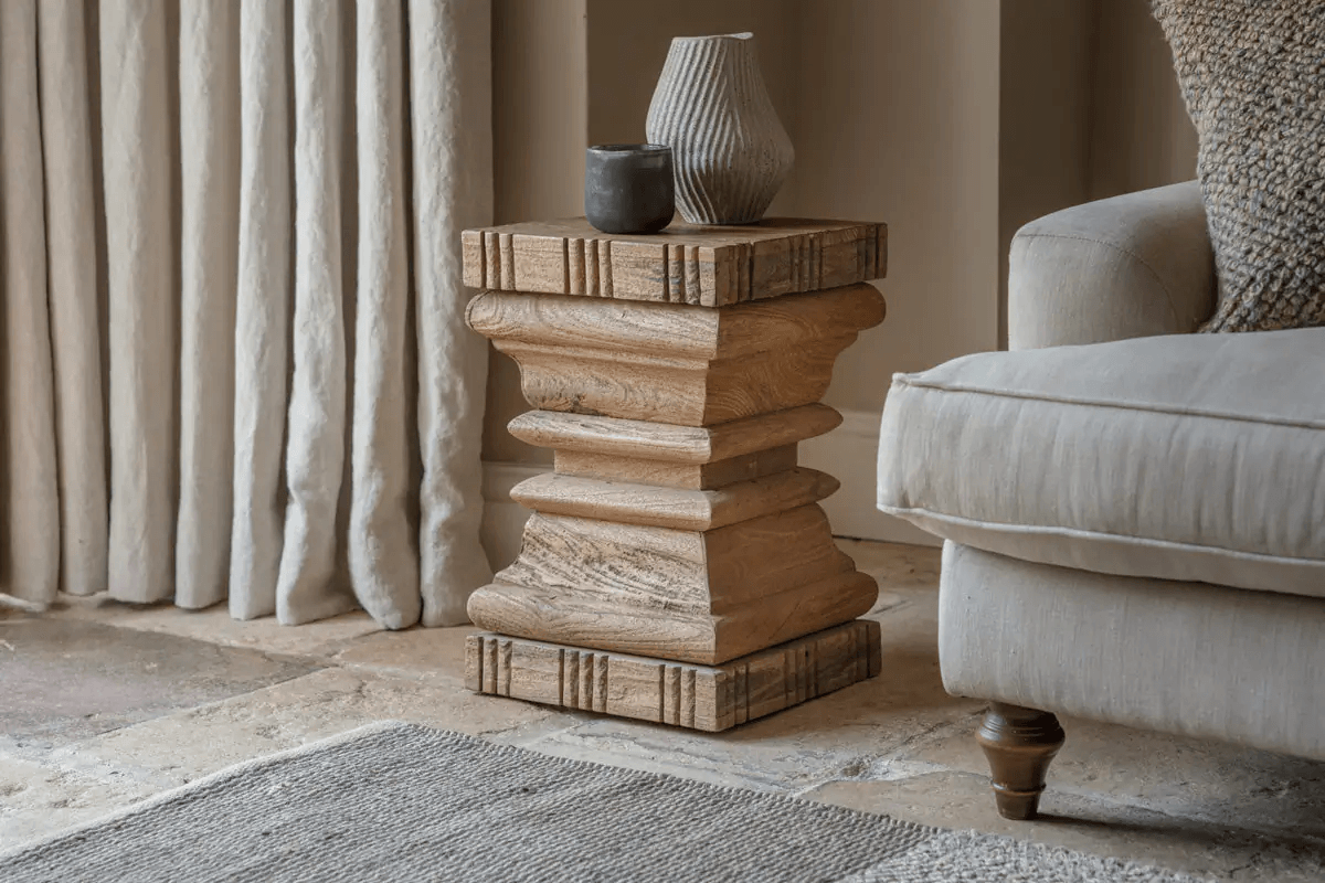 Nkuku - Disha Carved Mango Wood Side Table - Natural