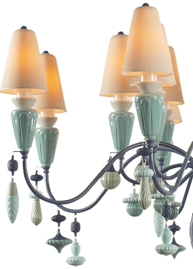 Lladró - Ivy and Seed 16 Lights Chandelier - Ocean with organic porcelain design and hanging seed motifs.
