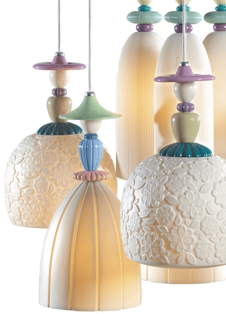 Lladró - Madermoiselle Chandelier - 9 Lights with colorful porcelain shades and elegant designs.