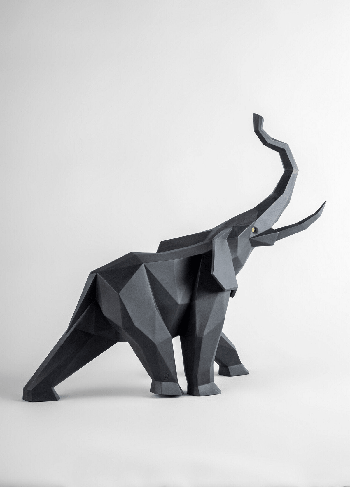 Lladró - Elephant Sculpture - Black matte in contemporary origami design, geometric porcelain decor.