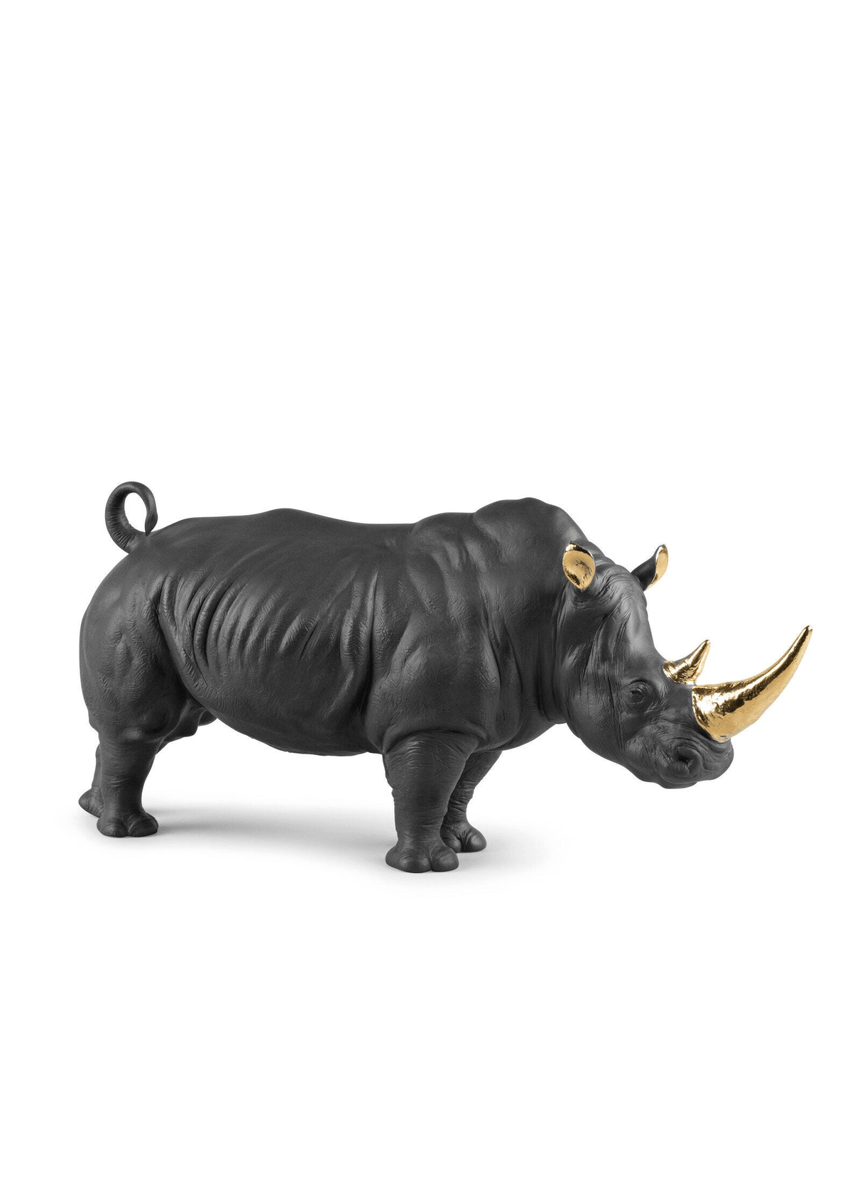 Lladró - Rhino Sculpture - Black-gold - Limited Edition handcrafted porcelain sculpture with golden luster accents.