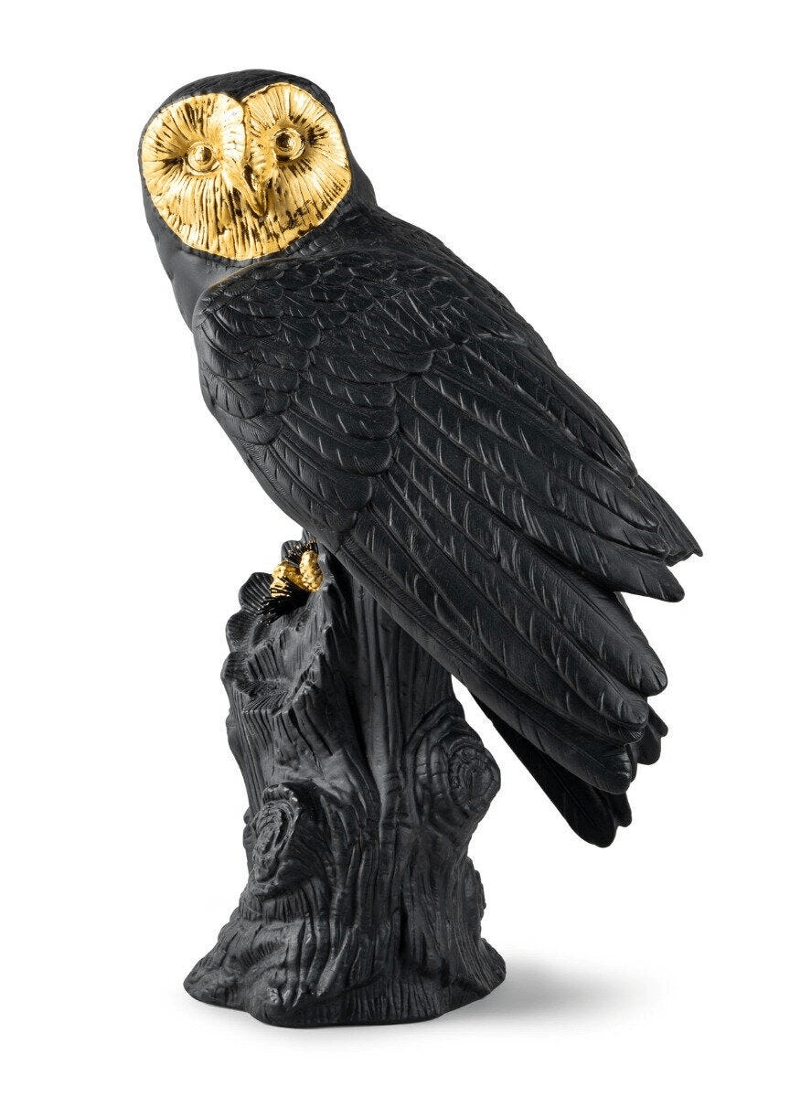Lladró - Owl Sculpture - Black-gold - Limited Edition in black porcelain with golden accents.