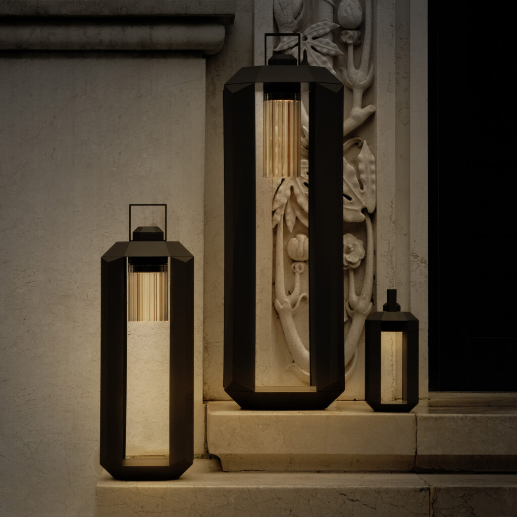 Contardi Cube Portable Lantern Large - Dark Bronze Frame - Transparent Striped Plexiglass Diffuser