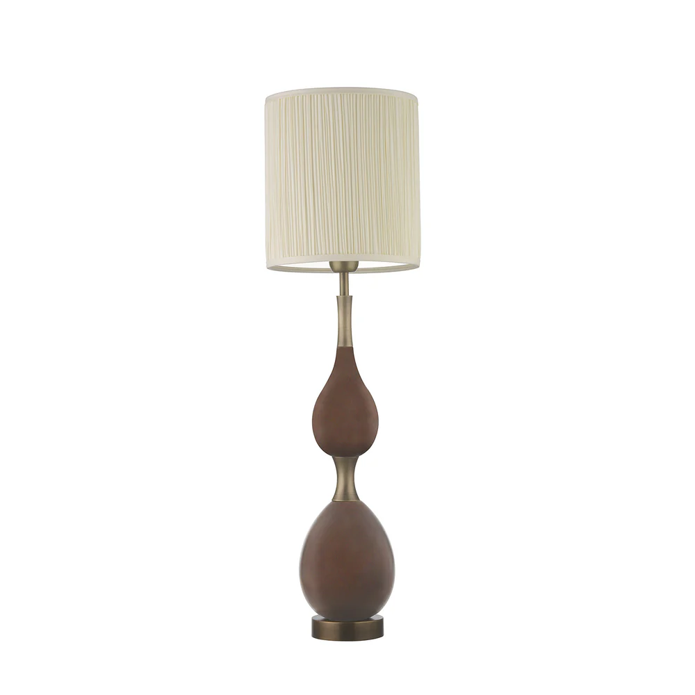 Northern Light - Taylor Table Lamp Medium - Rose Teak Old English Brass Light Finish - 8" Slim Drum Cotton Ivory Pleat Shade