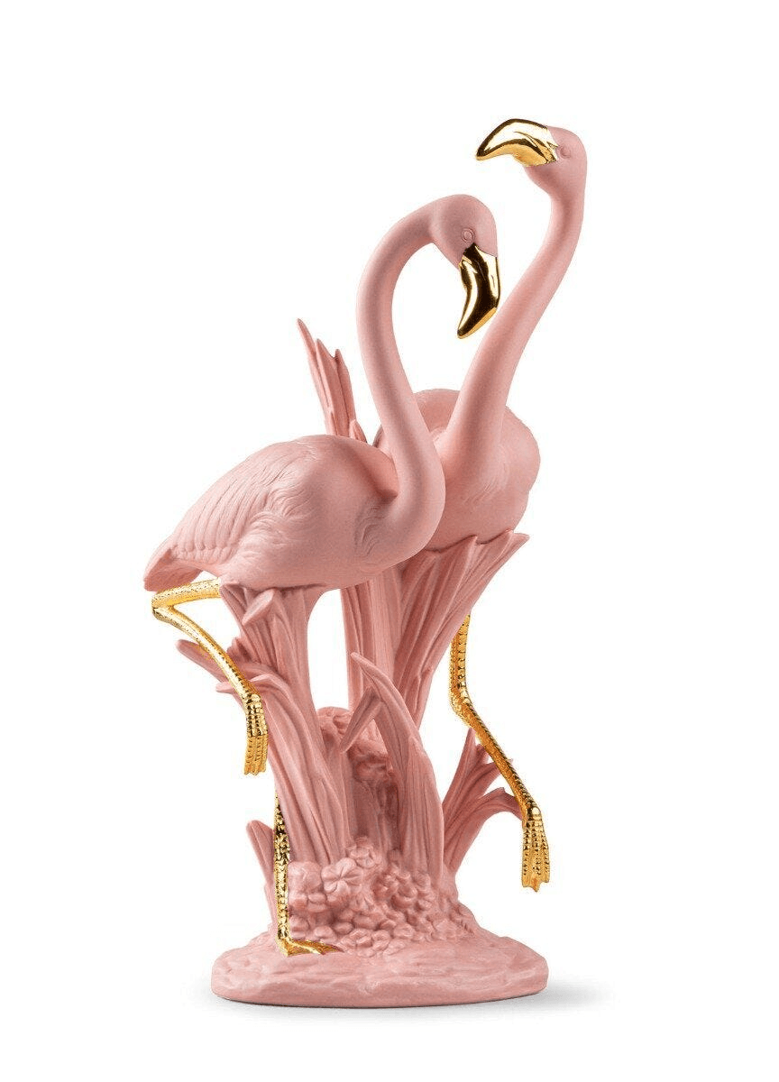 Lladró - The Flamingos Sculpture - Pink, porcelain sculpture of pink flamingos with golden beaks.