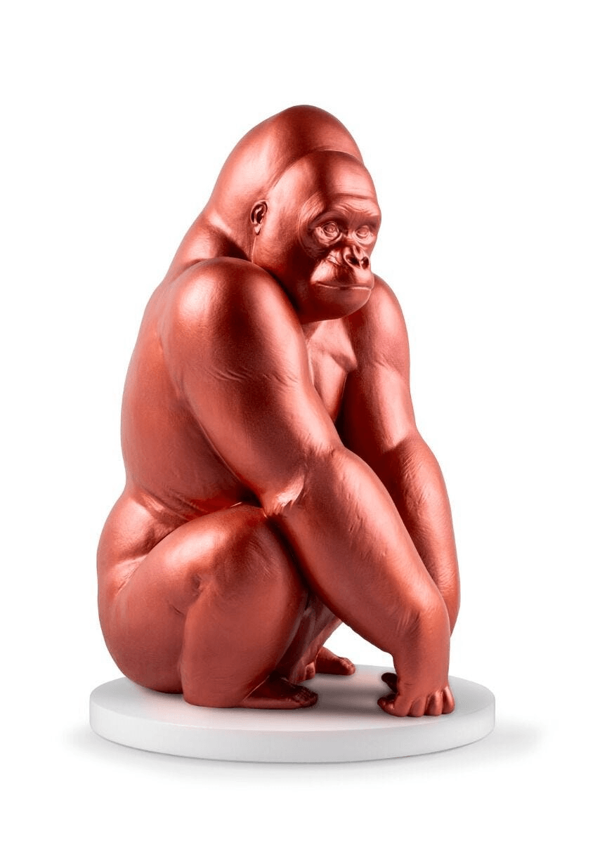 Lladró - Gorilla Sculpture - Metallic Red - Limited Edition handcrafted porcelain artwork in vibrant metallic red.