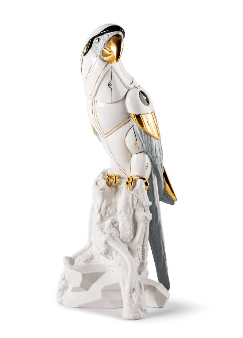 Lladró - Macaw bird Cyborg Sculpture in porcelain, showcasing a unique blend of nature and technology.