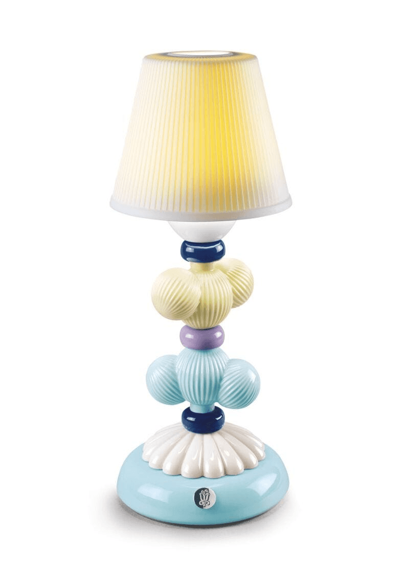 Lladró - Cactus Firefly Table Lamp - Yellow and Blue, porcelain lamp with colorful plant motifs.