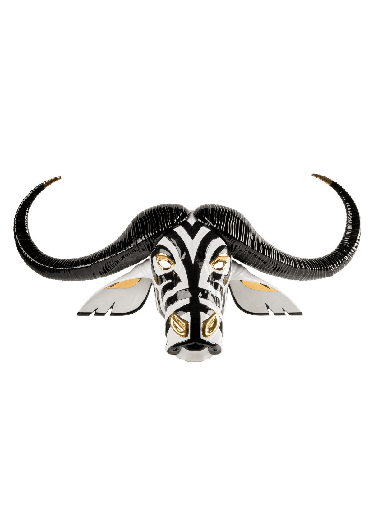 Lladró - Buffalo Mask - Black and Gold handcrafted porcelain art piece with black and gold details.
