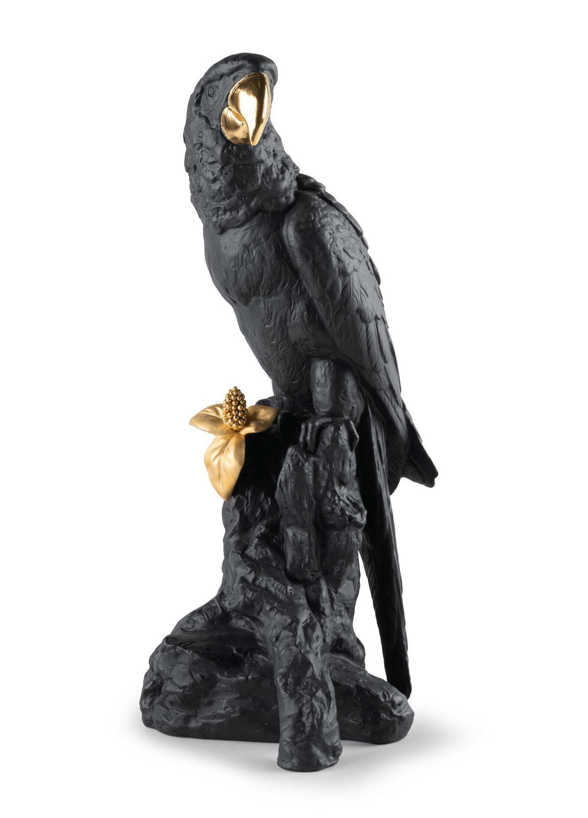 Lladró - Macaw Bird Sculpture - Black-Gold - Limited Edition, porcelain art piece with black and gold detailing.