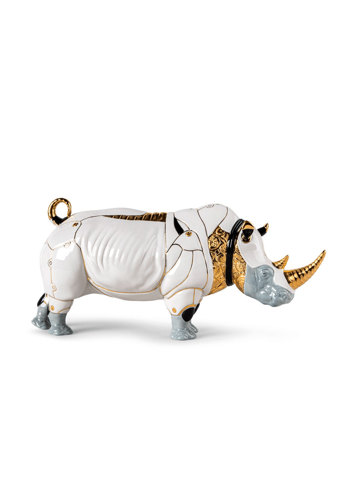 Lladró - Rhino Cyborg Sculpture, unique porcelain art blending animal and machine in striking design.