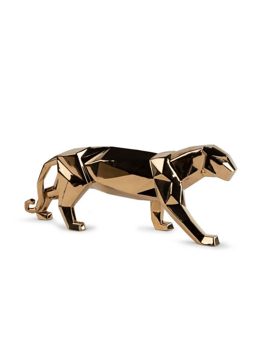 Lladró - Panther Sculpture - Golden, elegant golden porcelain sculpture inspired by origami.