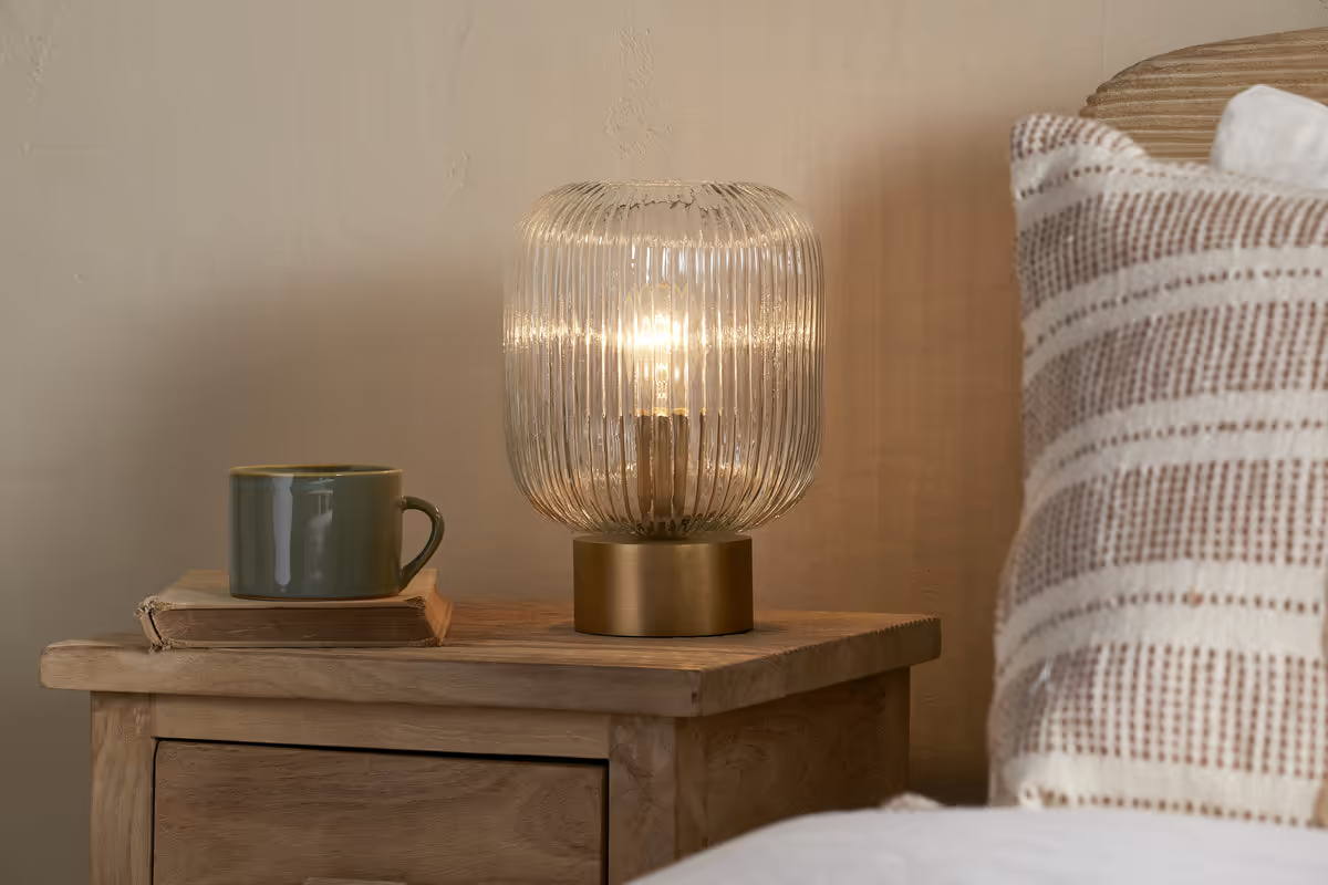 Nkuku - Rizal Fluted Glass Bedside Table Lamp - Antique Brass & Clear