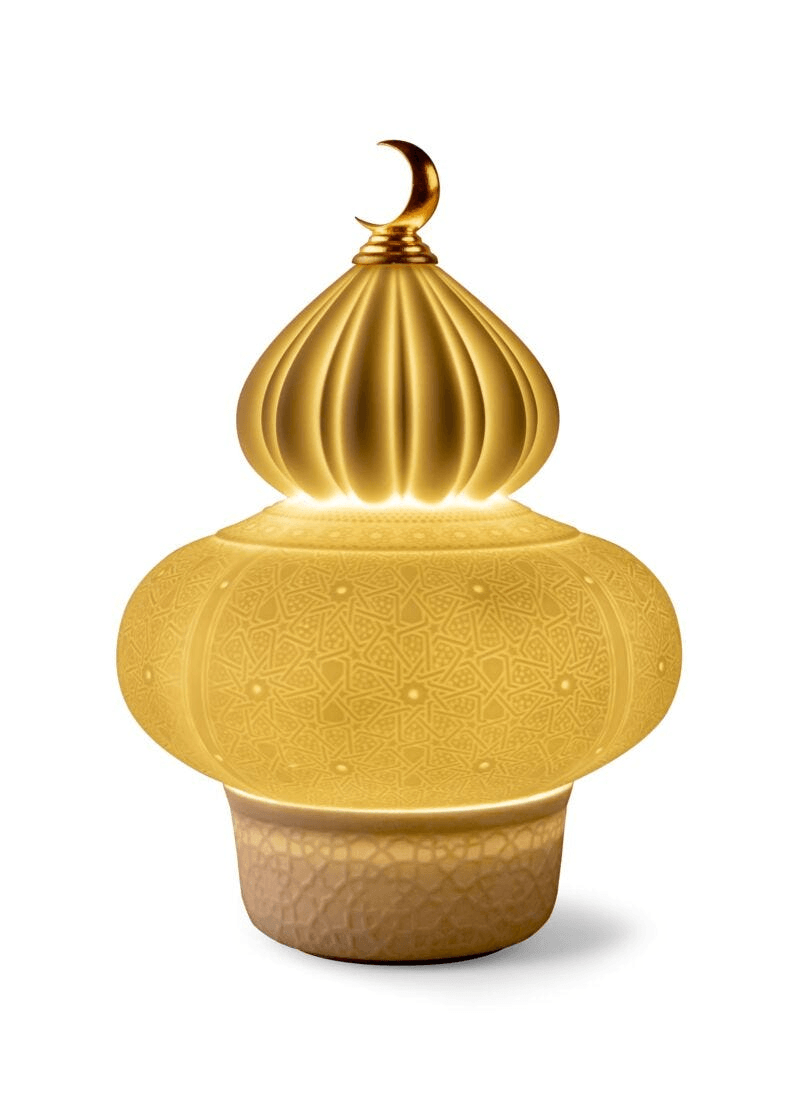Lladró - Majestic Nights wireless Lamp - Champagne showcasing intricate porcelain design with warm light.