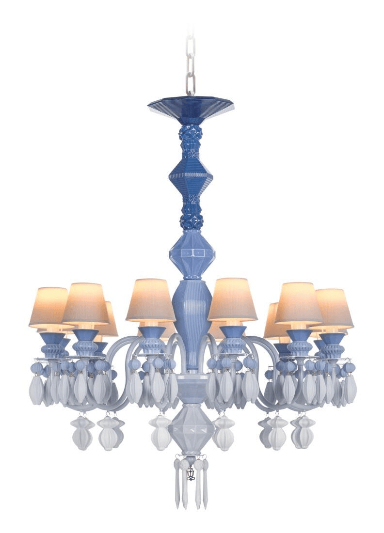Lladró - Belle de Nuit 12 Lights Chandelier - Blue showcasing elegant porcelain design and soft blue hues.