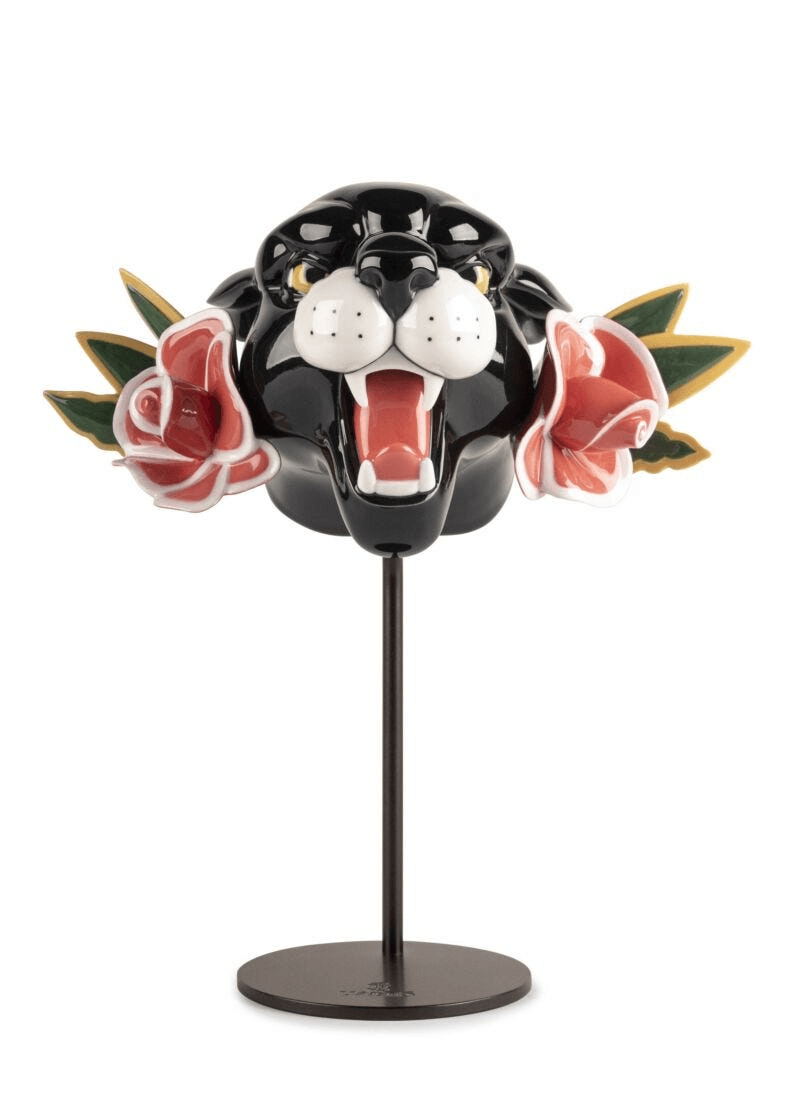 Lladró - Wild Panther Figurine showcasing a fierce black panther with roses, crafted from fine porcelain.