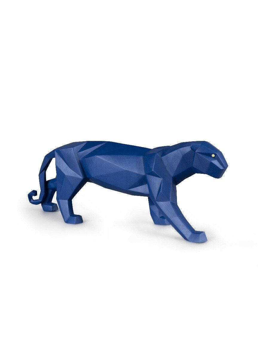 Lladró - Panther Sculpture - Blue Matte, crafted in porcelain, showcasing a geometric design in deep blue.