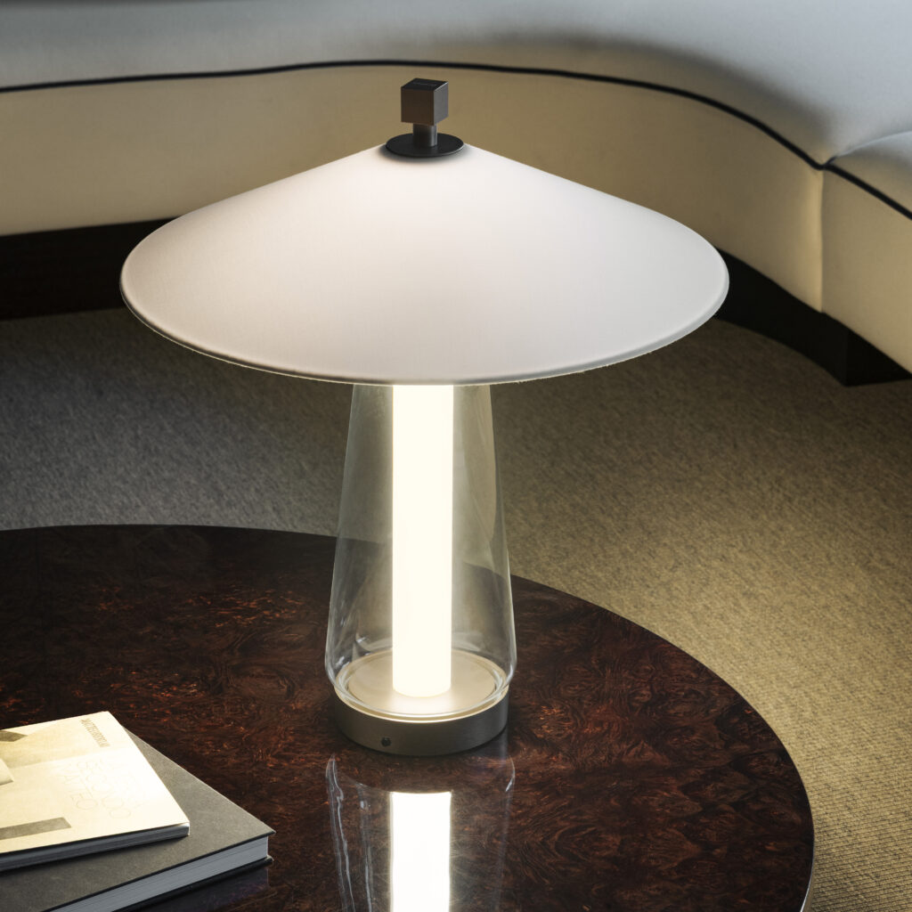 Contardi Asia Table Lamp Medium - Brushed Bronze Nickel Frame - White Cotton Shade - Clear Glass Diffuser