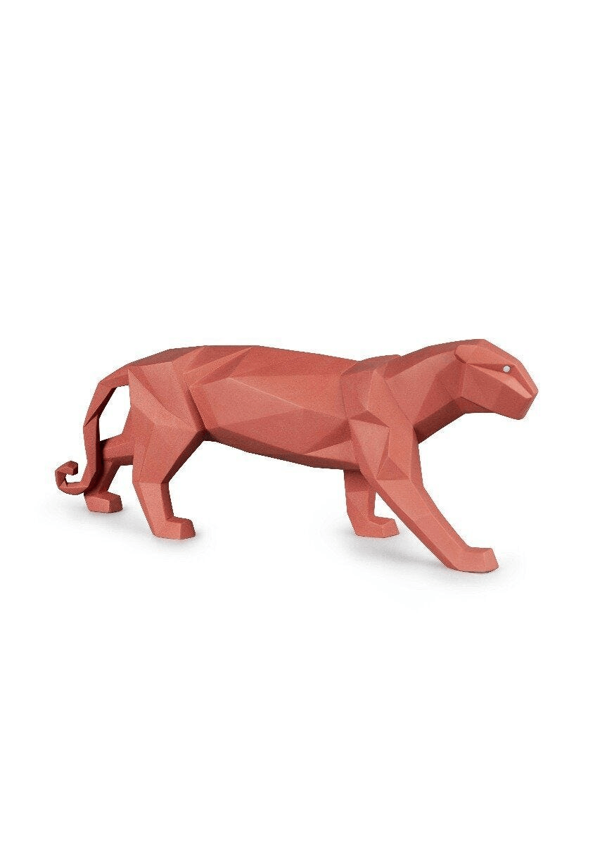 Lladró - Panther Sculpture - Coral Matte, a geometric coral porcelain panther statue for collectors and decor.