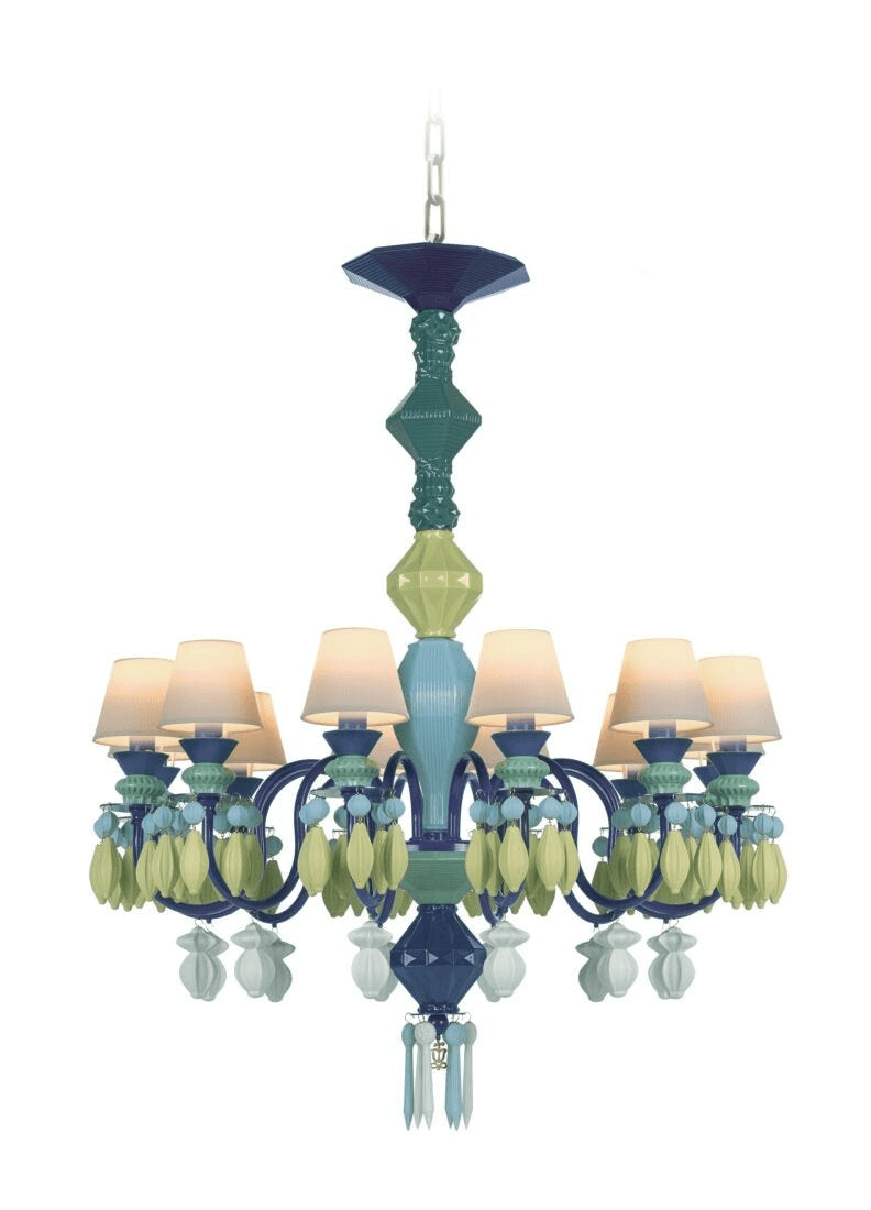 Lladró - Belle de Nuit 12 Lights Chandelier - Green, a stunning porcelain chandelier with intricate design.