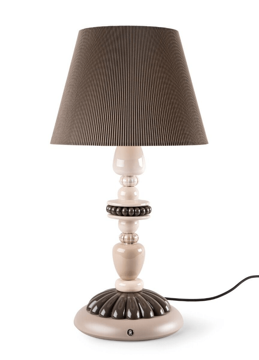 Lladró - Firefly Table Lamp - Pearly in glazed porcelain with a cloth shade, showcasing elegant design and gold luster.