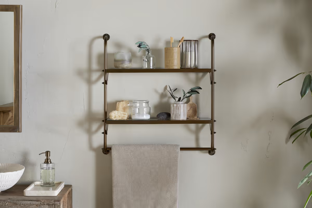 Nkuku - Karura Wall Shelves with Towel Rail - Antique Brass
