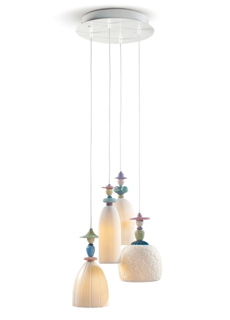 Lladró - Mademoiselle 4 Lights Walking on The Beach Pendant Light featuring colorful porcelain design.