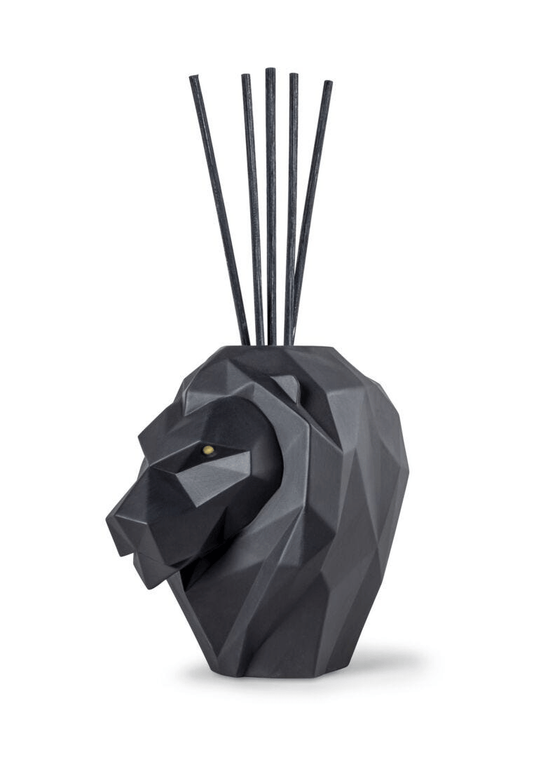 Lladró - Lion Perfume Diffuser - Unbreakable Spirit Scent in matte black handcrafted porcelain.