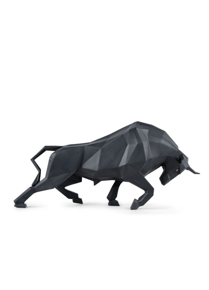 Lladró - Bull Sculpture - Black matte in geometric design, handcrafted porcelain art piece.