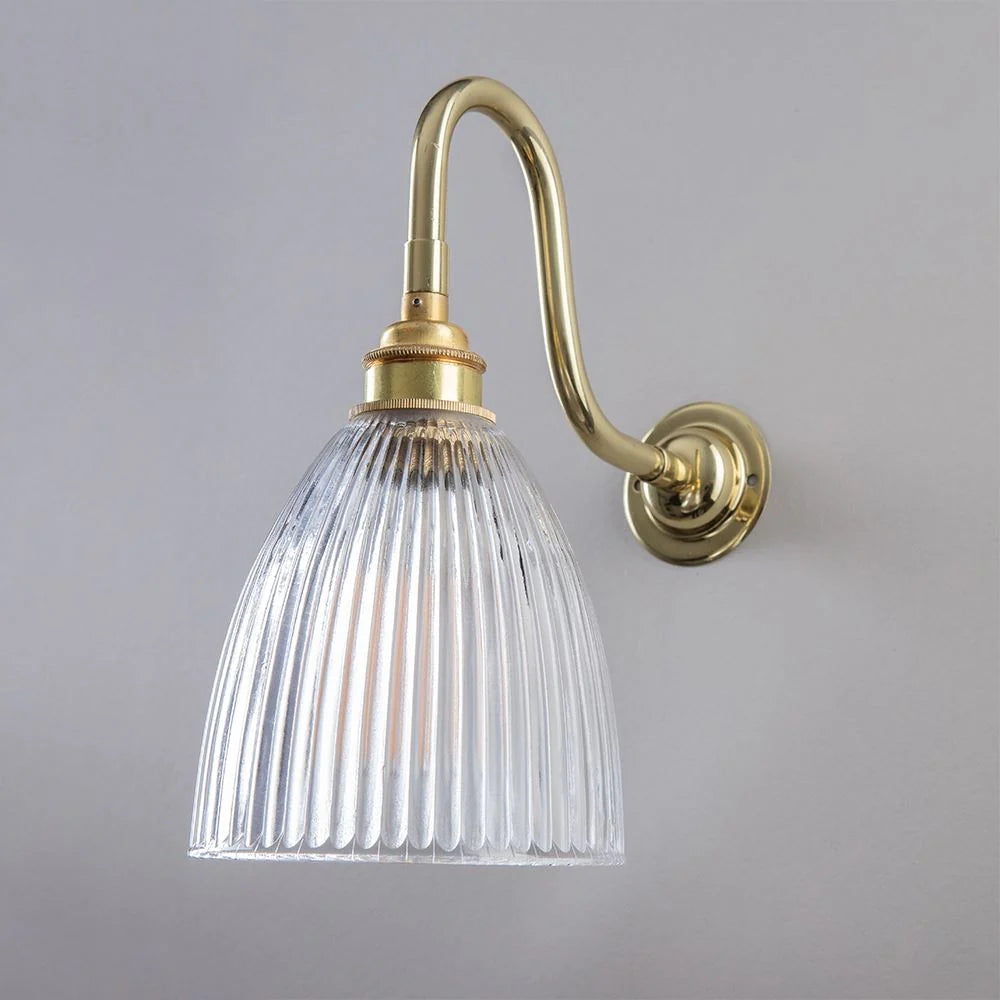 Old School Electric Elongated Swan Arm Prismatic Wall Light - Polished Brass