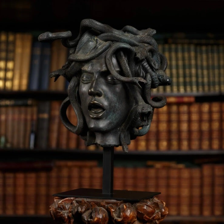 Pure White Lines Female Medusa Bust on Stand