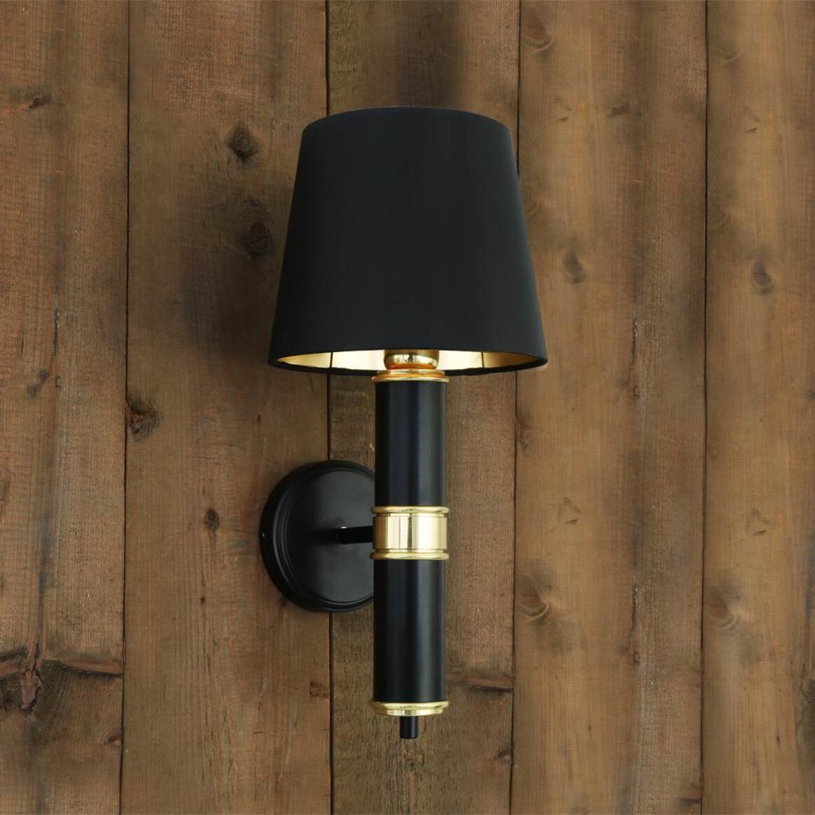 Mullan - Kangos Polished Brass and Black Pillar Wall Light with Fabric Shade - Powder Coated Matte Black - Polished Brass Finish