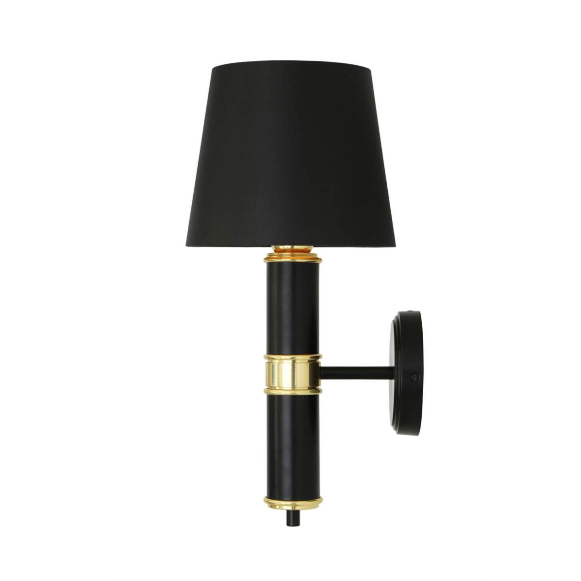 Mullan - Kangos Polished Brass and Black Pillar Wall Light with Fabric Shade - Powder Coated Matte Black - Polished Brass Finish