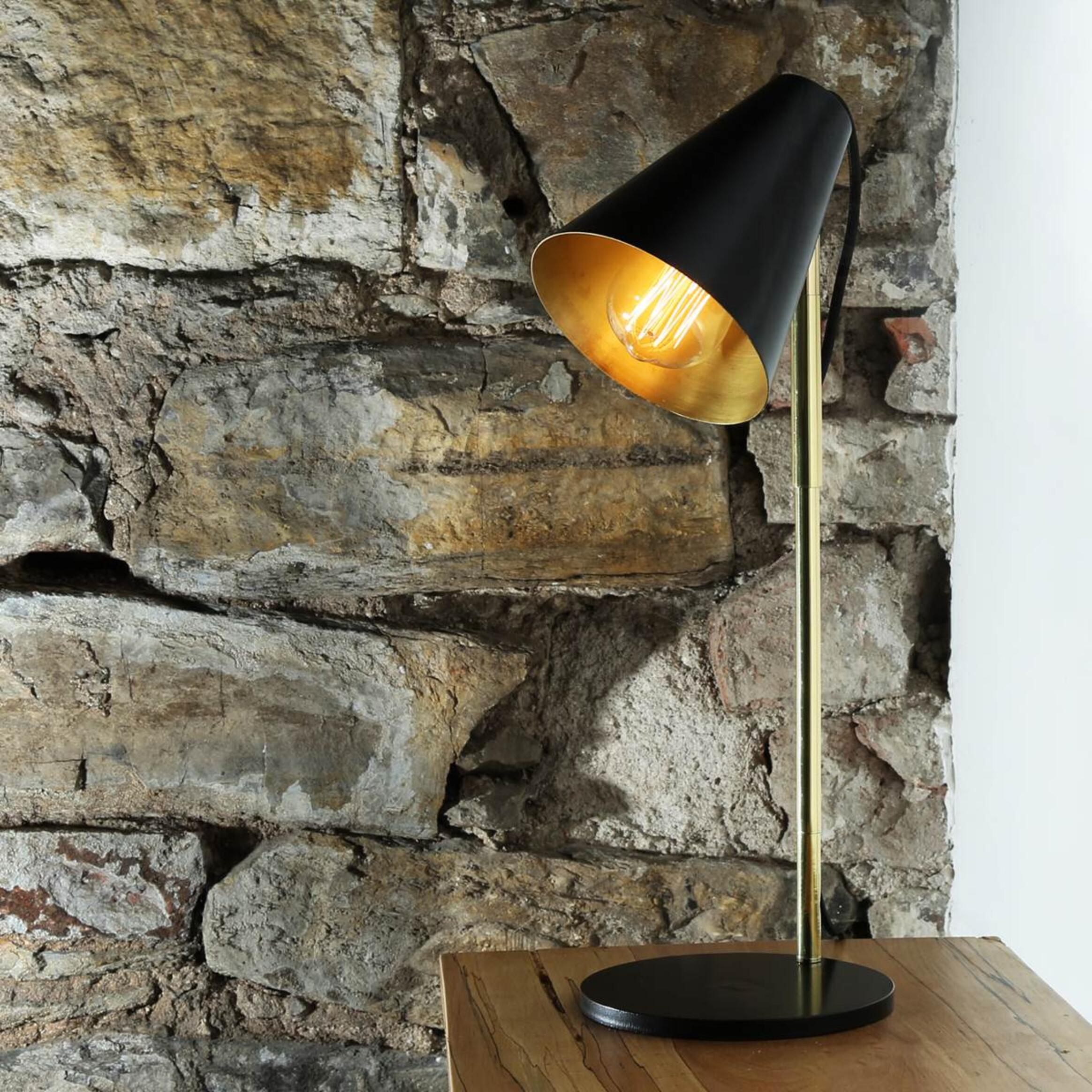 Mullan Lusaka Modern Adjustable Table Lamp with Cone Shade - Powder Coated Matte Black & Polished Brass Stem Finish