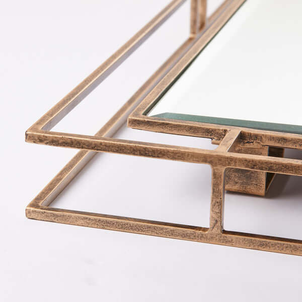 Pooky - Rectangular Necklace Link Mirror - Antique Gold close-up of antique gold metal frame and mirror surface.