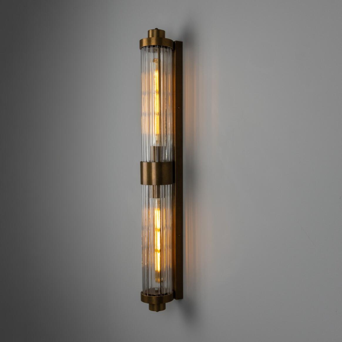 Mullan - Double Louise Clear Glass Bathroom Wall Light 88cm IP44 - Antique Brass Finish