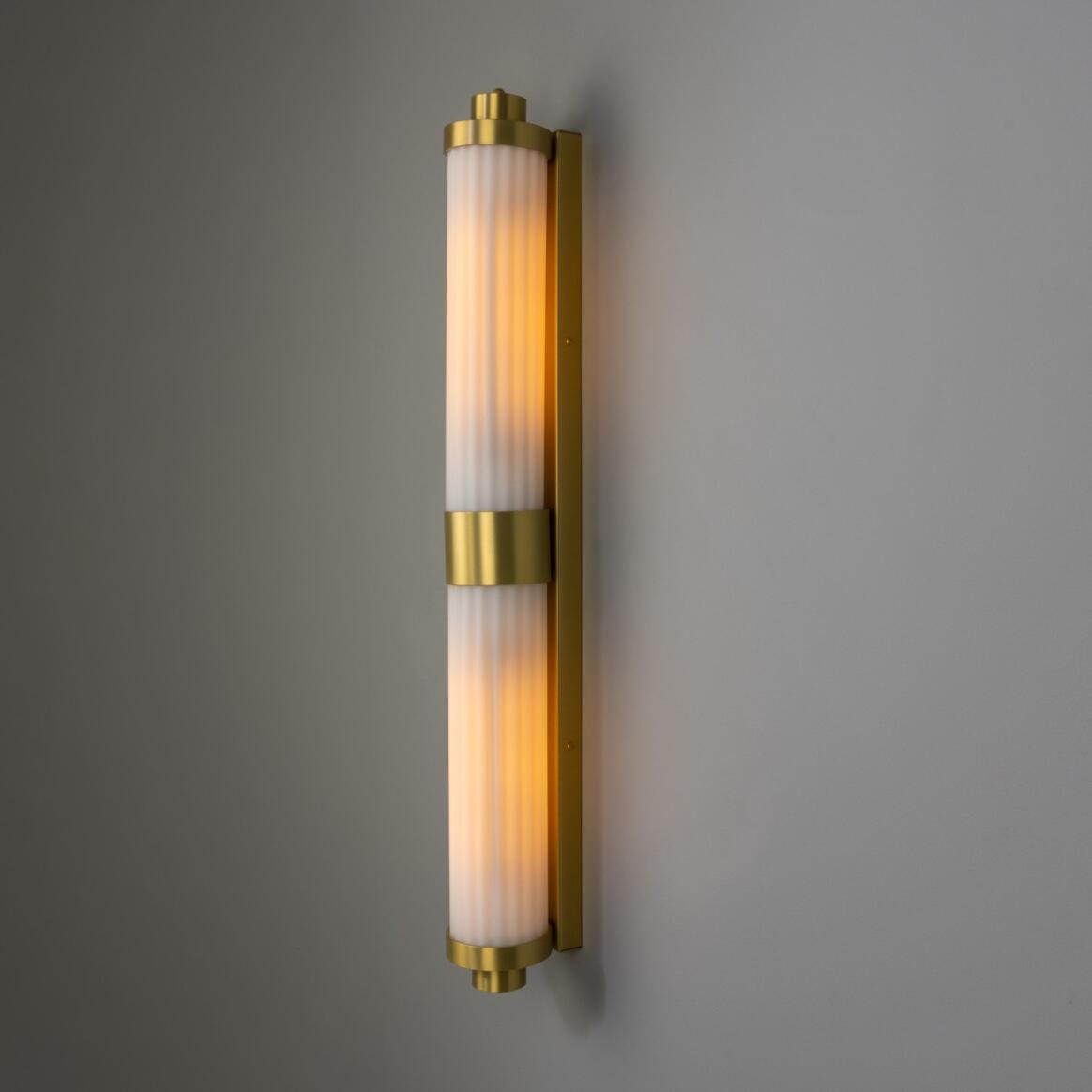 Mullan - Double Louise Opal Glass Bathroom Wall Light 88cm IP44 - Satin Brass Finish