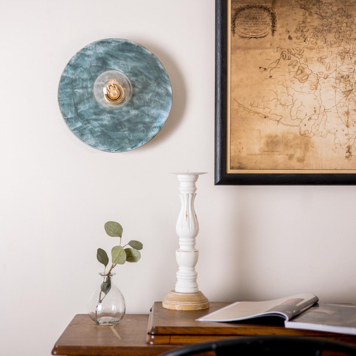 Mullan - Bog Oak Organic Ceramic Disc Wall Light Blue Earth - Satin Brass Finish