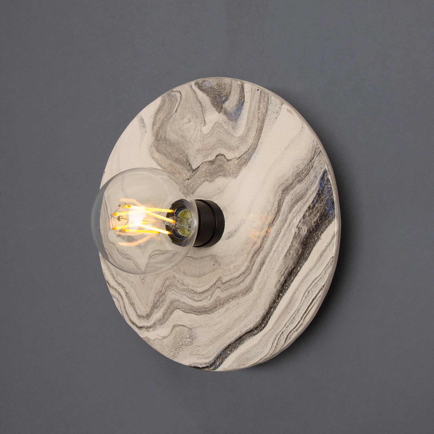 Mullan - Bog Oak Marbled Ceramic Disc Wall Light 28cm IP20 - Powder Coated Matte Black Finish