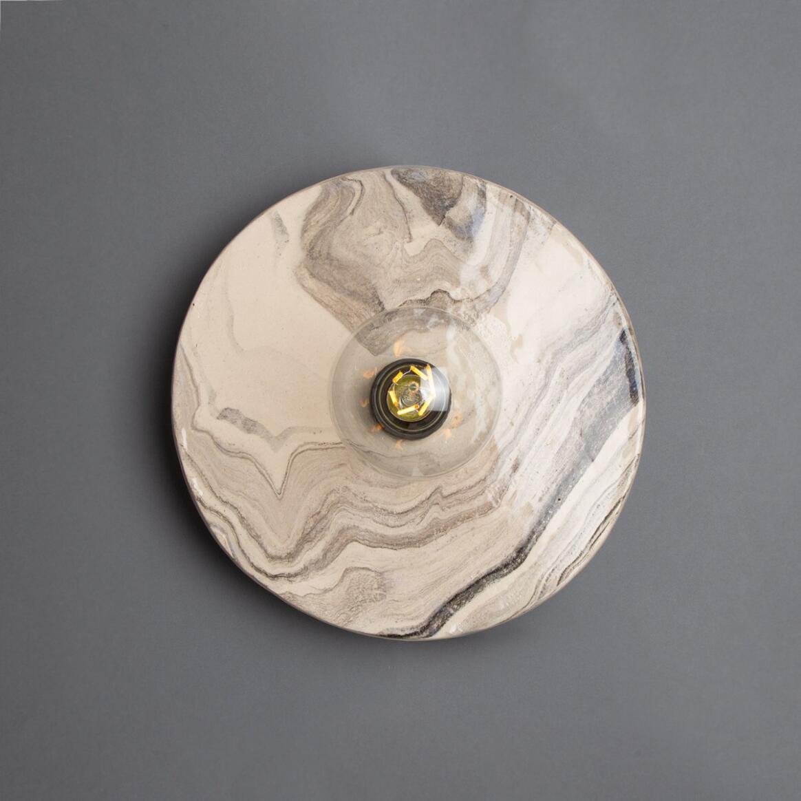 Mullan - Bog Oak Marbled Ceramic Disc Wall Light 28cm IP20 - Powder Coated Matte Black Finish