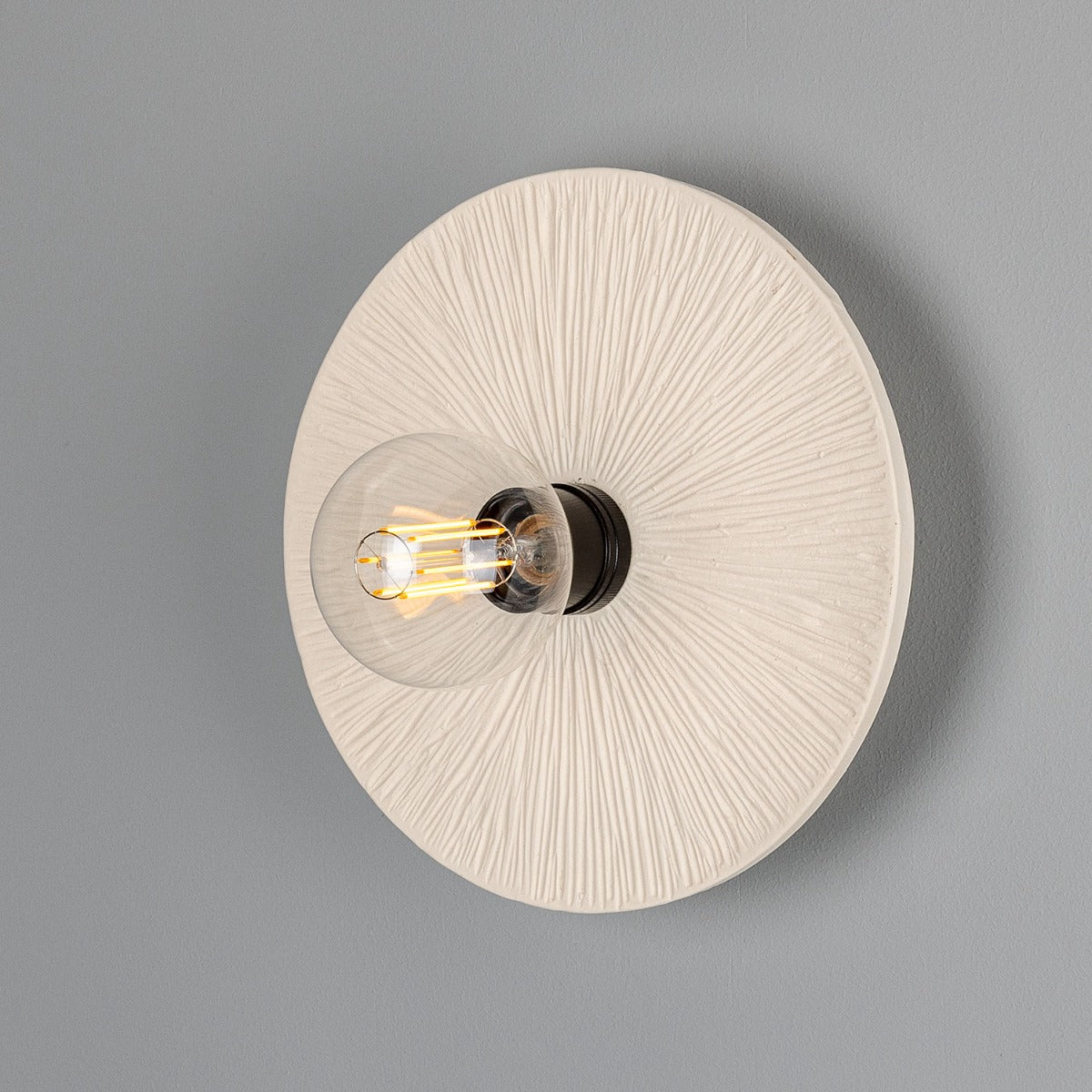 Mullan - Bog Oak Organic Ceramic Disc Wall Light Matte White Striped 28cm IP20 - Powder Coated Matte Black Finish