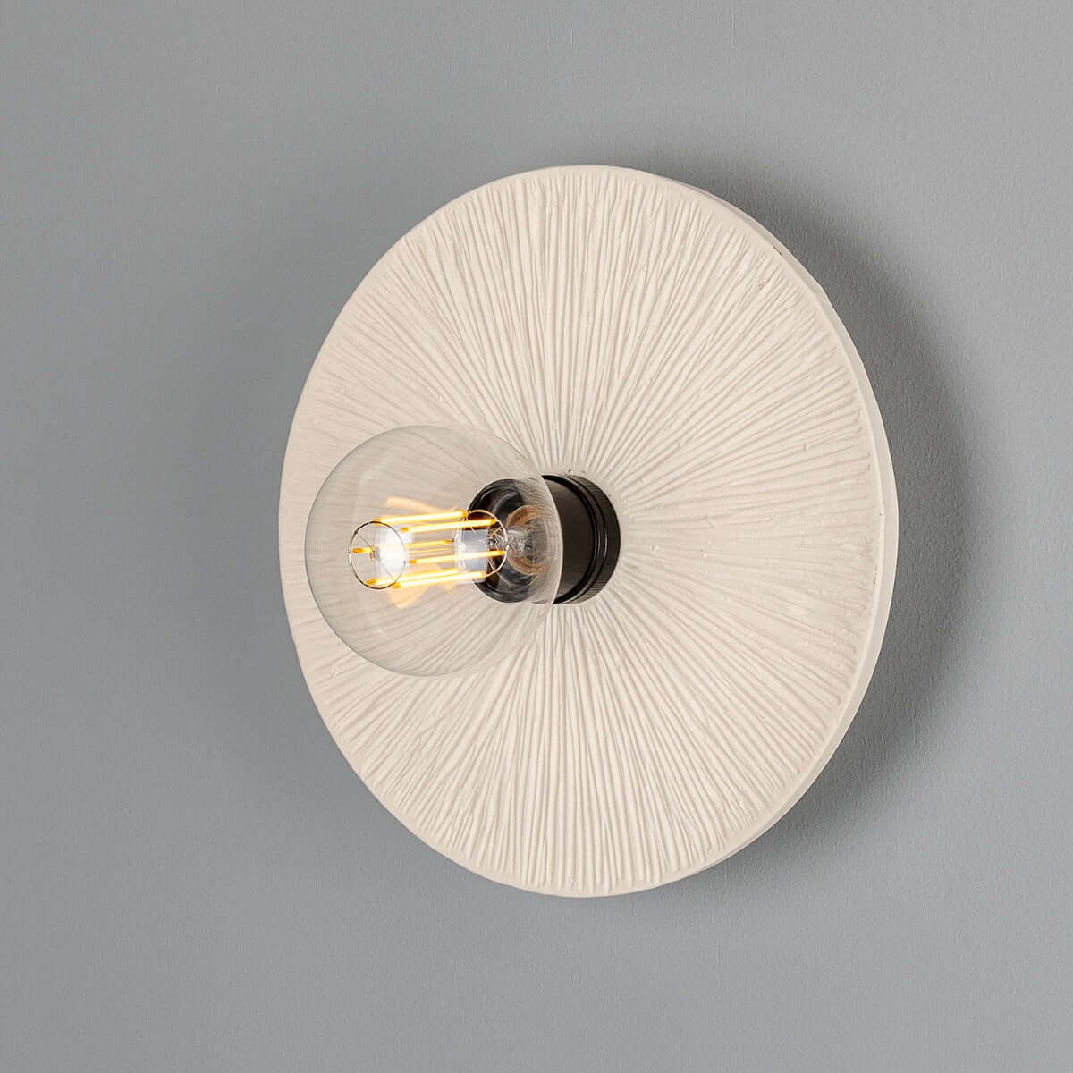 Mullan - Bog Oak Organic Ceramic Disc Wall Light Matte White Striped 28cm IP20 - Powder Coated Matte Black Finish